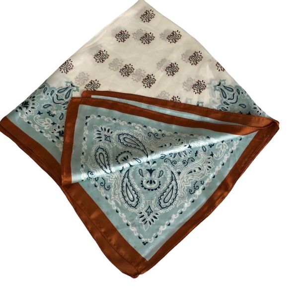 Scarf Neckerchief Paisley Print in Mint & Caramel 27” Square - Picture 1 of 6